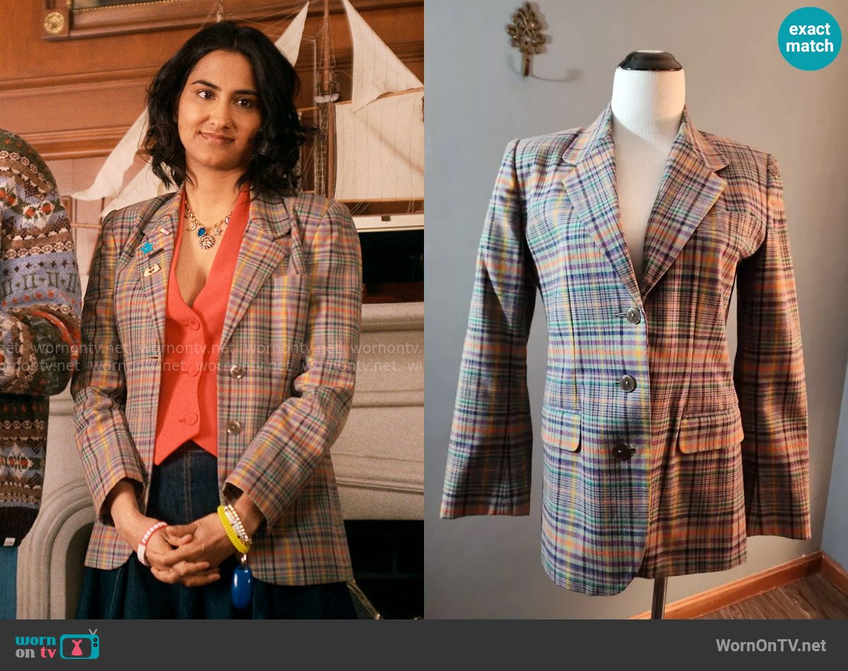 GAP Vintage Y2K Plaid Blazer worn by Bela Malhotra (Amrit Kaur) on The Sex Lives of College Girls