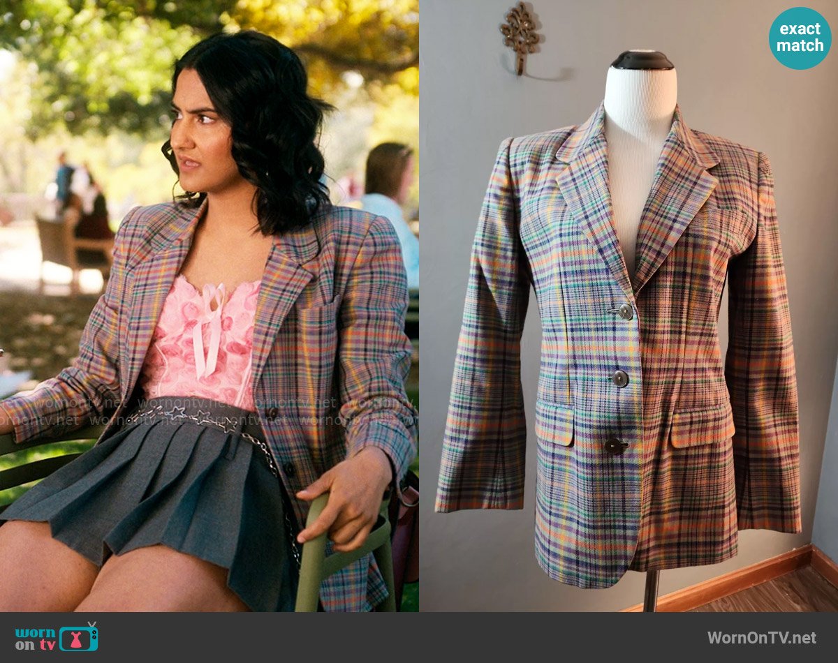 GAP Vintage Y2K Plaid Blazer worn by Bela Malhotra (Amrit Kaur) on The Sex Lives of College Girls