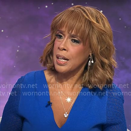 Gayle King's blue v-neck dress with lace knit sleeves on CBS Mornings