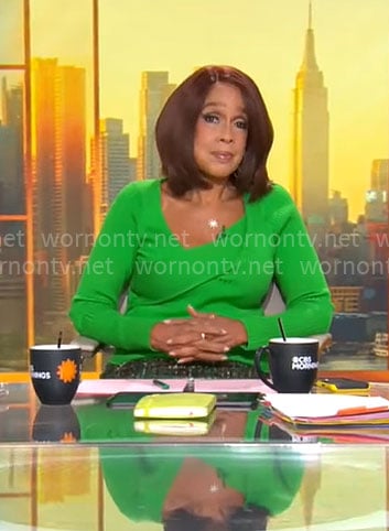Gayle King's green asymmetric sweater on CBS Mornings