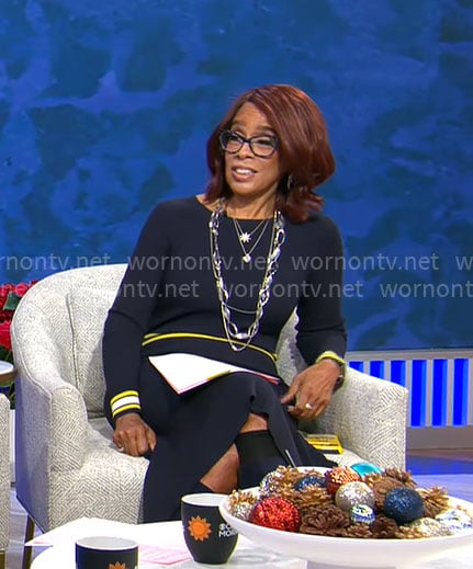 Gayle King's navy dress with striped waistband on CBS Mornings