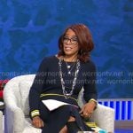 Gayle King’s navy dress with striped waistband on CBS Mornings