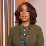 Gayle King’s olive green midi sweater dress on CBS Mornings