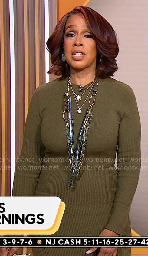 Gayle King's olive green midi sweater dress on CBS Mornings