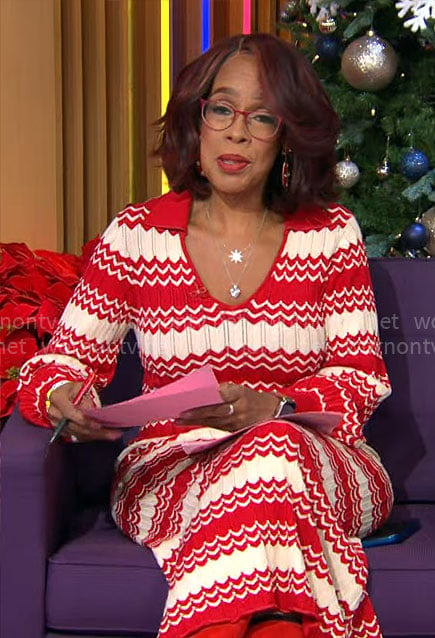 Gayle King’s red chevron stripe dress on CBS Mornings