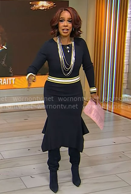 Gayle King's navy dress with striped waistband on CBS Mornings