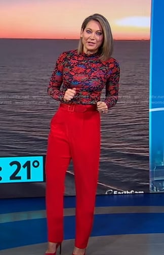 Ginger's floral mock neck top and red pants on Good Morning America