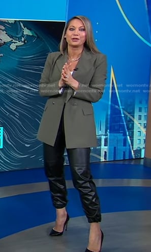 Ginger’s green blazer and leather jogger pants on Good Morning America