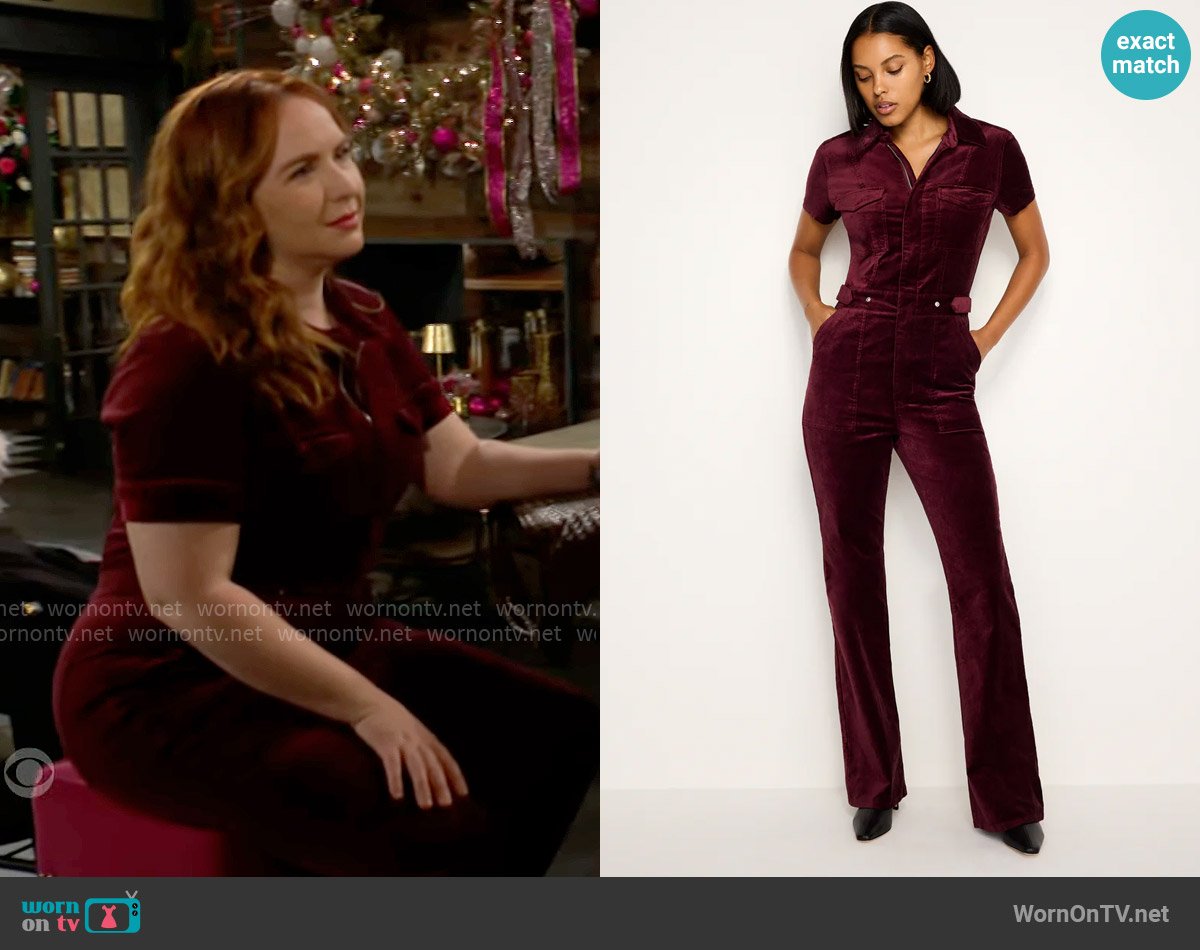 Good American Fit For Success Velvet Bootcut Jumpsuit in Oxblood002 worn by Mariah Copeland (Camryn Grimes) on The Young and the Restless