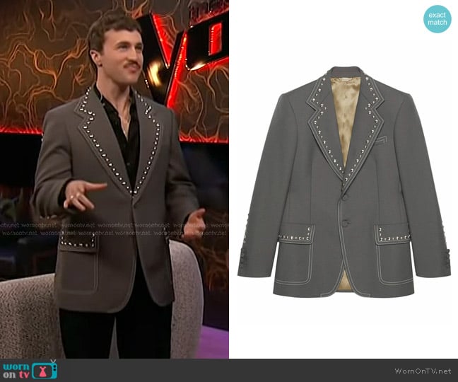 Gucci Gabardine Studded Single Breasted Blazer in Grey worn by Jeremy Beloate on The Voice