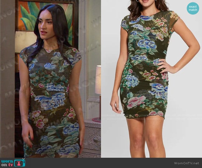 Guess Aida Floral Mesh Minidress worn by Gabi Hernandez (Cherie Jimenez) on Days of our Lives