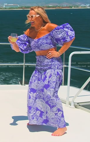 Heather's purple print crop top and skirt on The Real Housewives of Salt Lake City