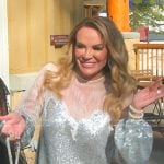 Heather’s sequin lace panel dress on The Real Housewives of Salt Lake City