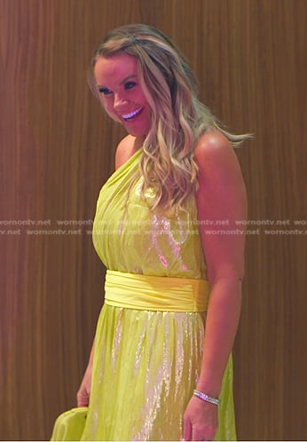 Heather's metallic yellow one-shoulder dress on The Real Housewives of Salt Lake City