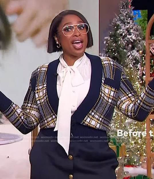 Jennifer's plaid cardigan and button front skirt on The Jennifer Hudson Show