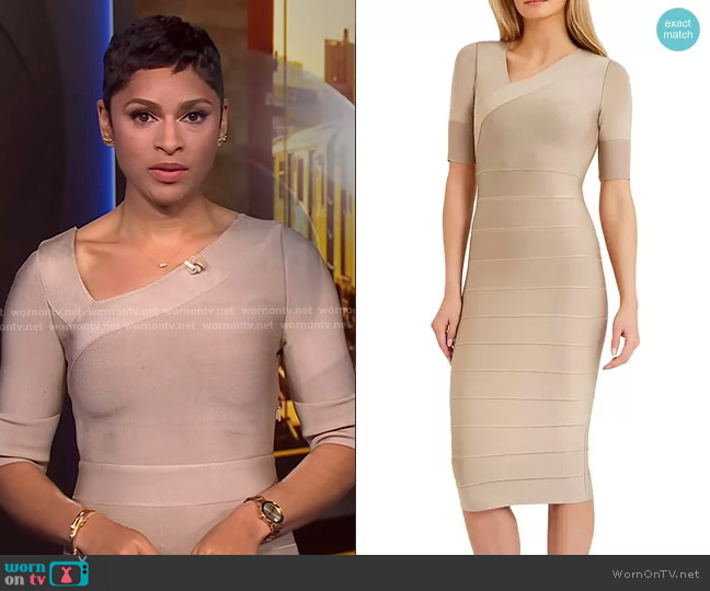 Herve Leger Icon Asymmetrical Body-Con Midi-Dress worn by Jericka Duncan on CBS Evening News