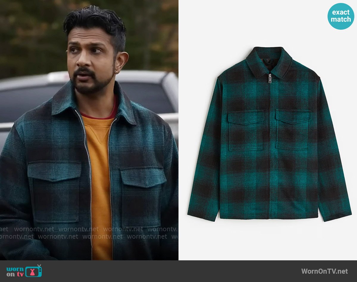 H&M Regular Fit Shacket in Turquoise/plaid worn by Jay (Utkarsh Ambudkar) on Ghosts