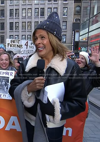 Hoda’s black shearling trim leather jacket on Today