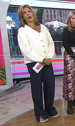 Hoda’s white cable knit cardigan and side slit jeans on Today