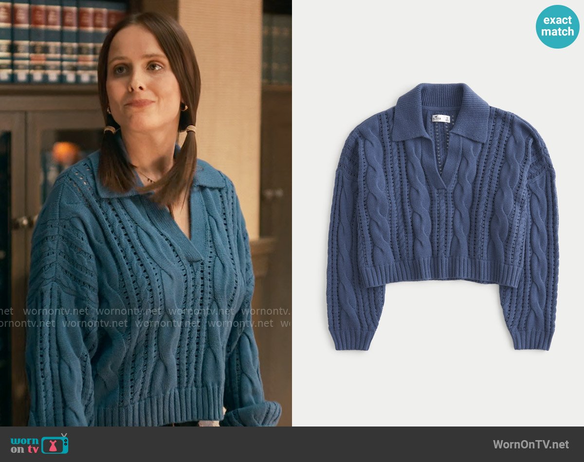 Hollister Easy Long-Sleeve Cable-Knit Polo Sweater worn by Kimberly Finkle (Pauline Chalamet) on The Sex Lives of College Girls