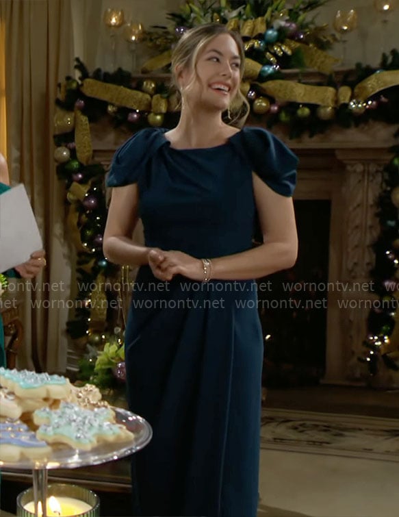 Hope’s teal cap-sleeve dress on The Bold and the Beautiful