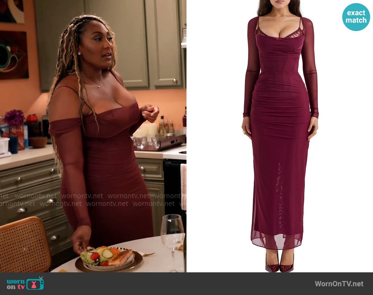 Dani’s burgundy mesh off-shoulder dress on Tyler Perrys Sistas