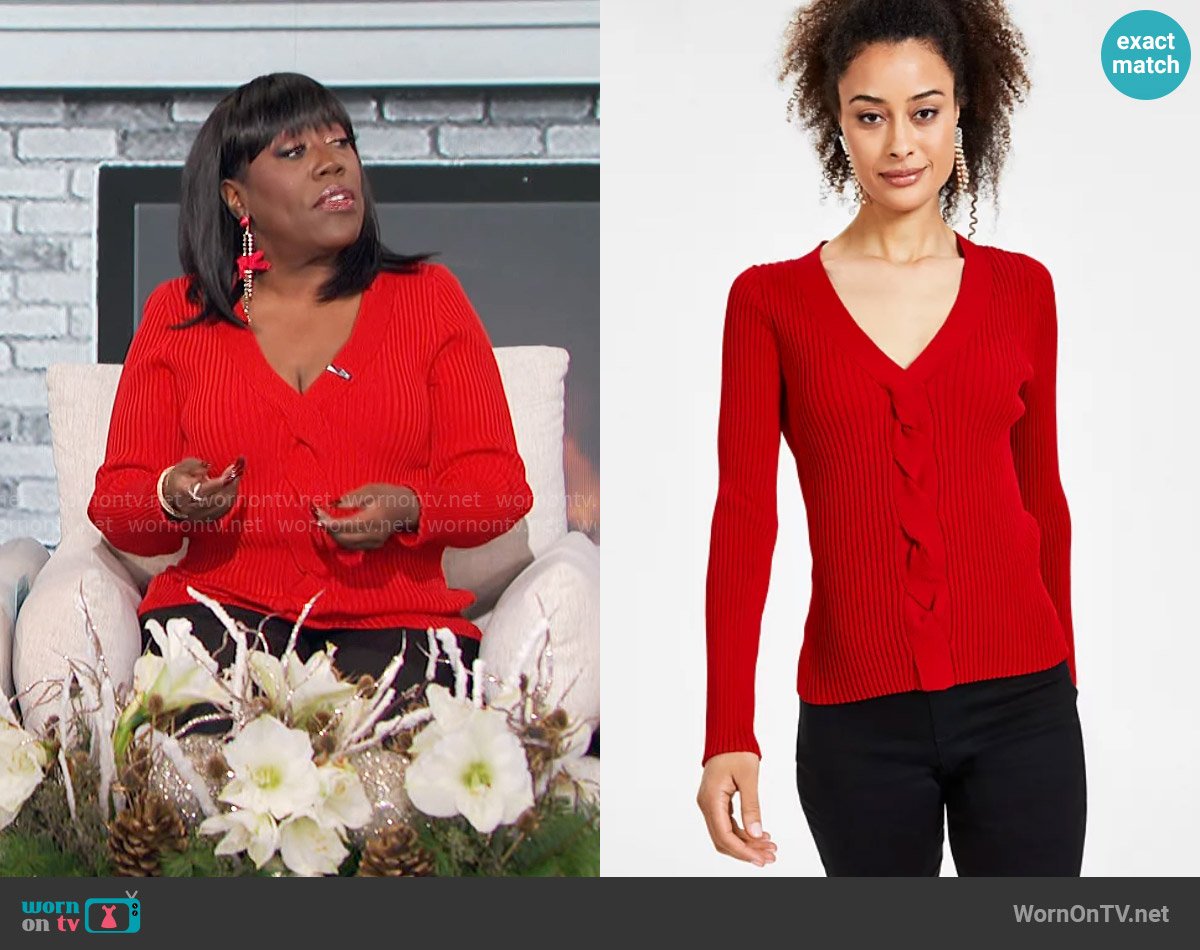 INC International Concepts Ribbed Cable-Front V-Neck Sweater worn by Sheryl Underwood on The Talk