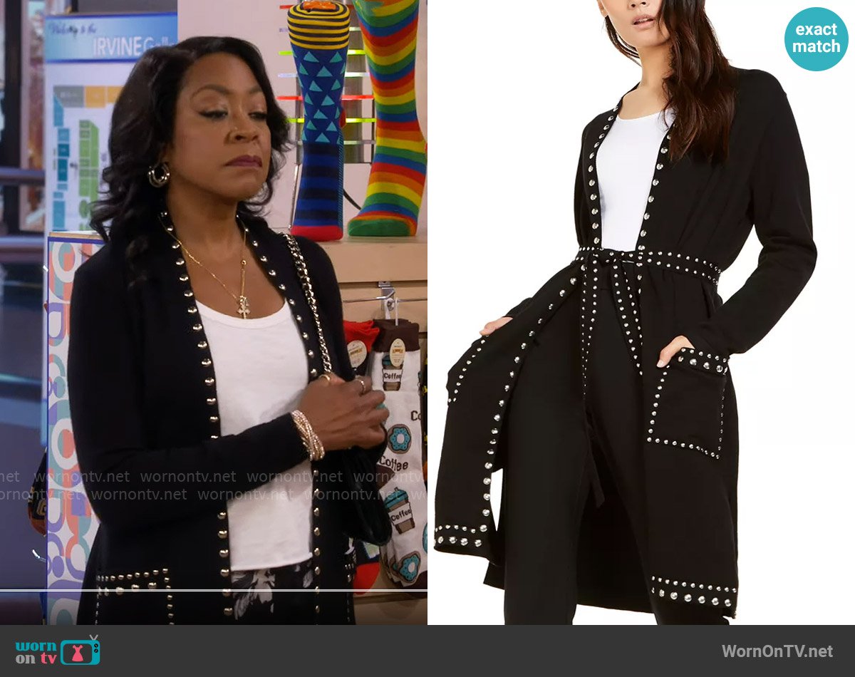 INC International Concepts Studded Completer Cardigan Sweater worn by Tina Butler (Tichina Arnold) on The Neighborhood