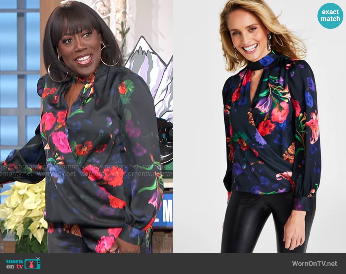 INC International Concepts Printed Cutout Surplice-Neck Blouse worn by Sheryl Underwood on The Talk