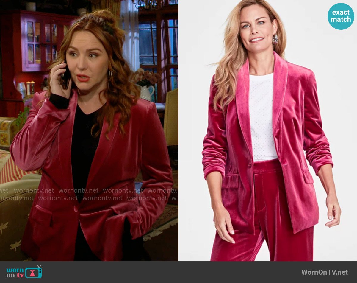 INC International Concepts Velvet Blazer in Crimson Autumn worn by Mariah Copeland (Camryn Grimes) on The Young and the Restless