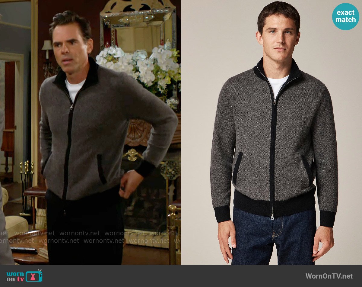 J. Crew Cashmere full-zip sweater in bird's-eye stitch worn by Billy Abbott (Jason Thompson) on The Young and the Restless