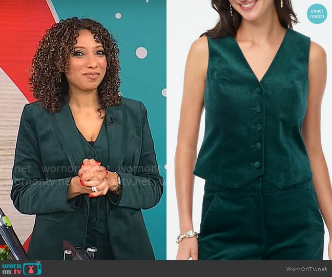 J. Crew Velvet button-front vest in Old Forest worn by Gabrielle Kerr on CBS Mornings