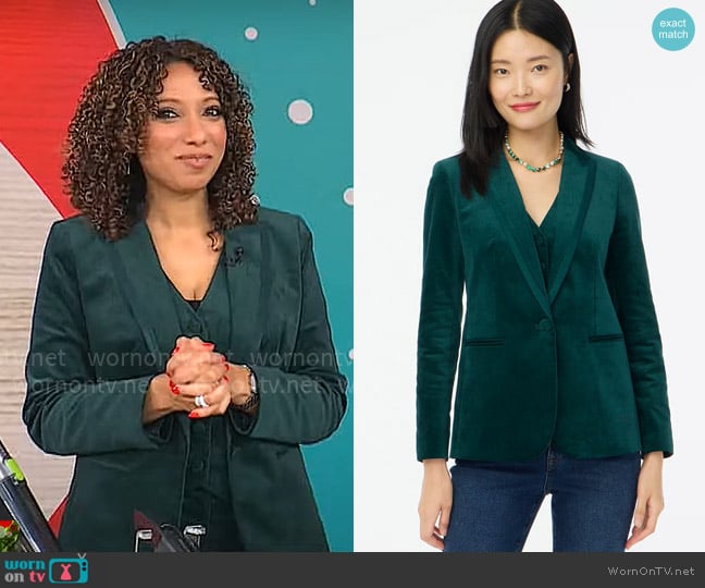 J. Crew Velvet one-button blazer in Old Forest worn by Gabrielle Kerr on CBS Mornings