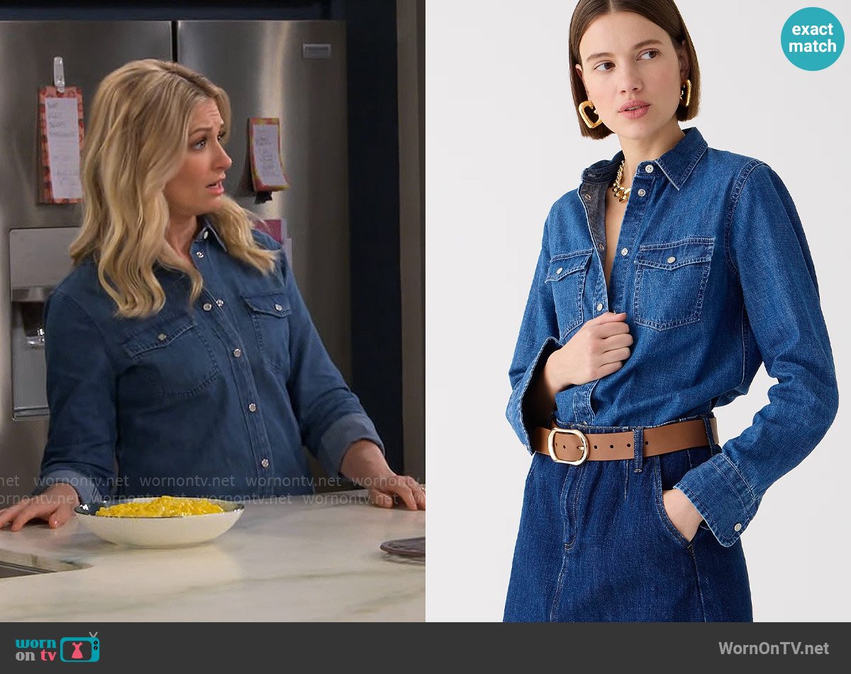 J. Crew Wren slim western chambray shirt in Villere wash worn by Gemma (Beth Behrs) on The Neighborhood