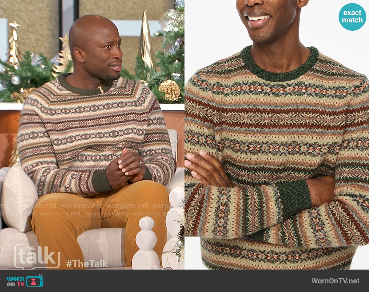 J. Crew Lambswool-blend Fair Isle crewneck sweater worn by Akbar Gbajabiamila on The Talk