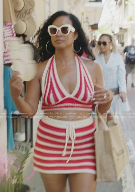 Jacqueline's striped crochet knit top and skirt set on The Real Housewives of Potomac