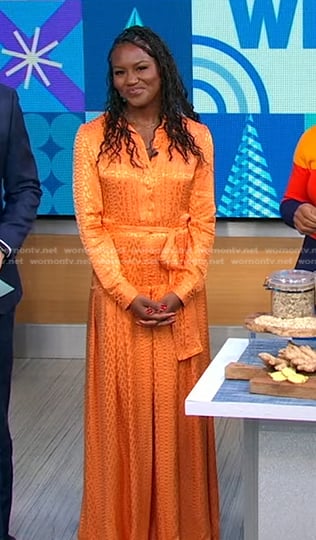 Janai's orange print wide leg jumpsuit on Good Morning America