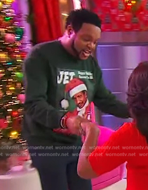 Jawn's green Christmas sweater on Sherri