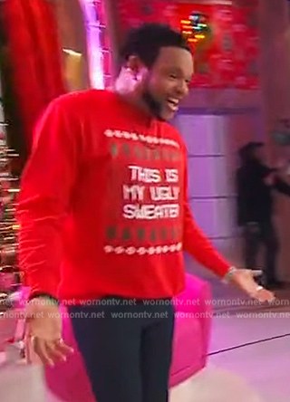 Jawn's red Christmas sweater on Sherri