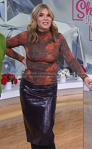 Jenna’s orange printed mock neck top and leather skirt on Today