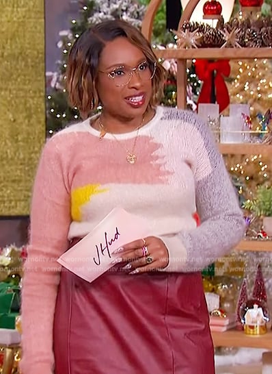 Jennifer’s abstract mohair sweater and leather skirt on The Jennifer Hudson Show