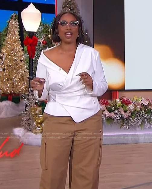 Jennifer’s white asymmetric top and cargo pants on The Jennifer Hudson Show