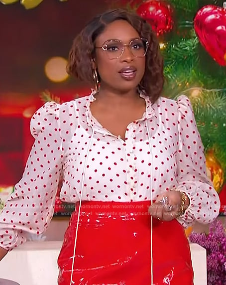 Jennifer’s white polka dot print blouse and latex skirt on The Jennifer Hudson Show