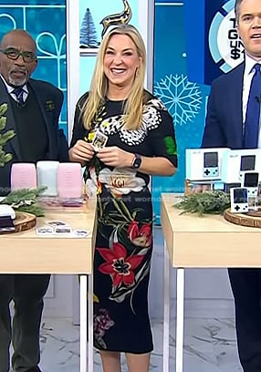 Jennifer Jolly's black floral elbow sleeve sheath dress on Today