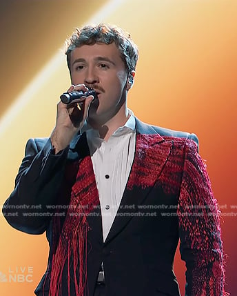 Jeremy Beloate's black and red embroidered blazer on The Voice