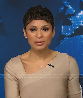 Jericka's beige asymmetric neck dress on CBS Evening News