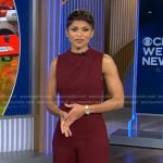 Jericka’s maroon sleeveless jumpsuit on CBS Evening News