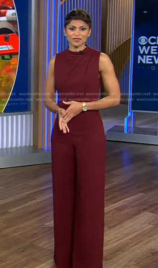 Jericka’s maroon sleeveless jumpsuit on CBS Evening News