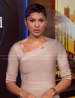 Jericka's beige asymmetric neck dress on CBS Evening News