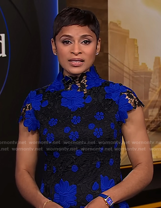 Jericka's black and blue floral lace dress on CBS Evening News